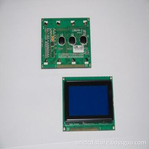 128 x 64 graphic dot matrix LCD module in blue, with overall dimensions of 113.0 x 65.0 x 13.5mm